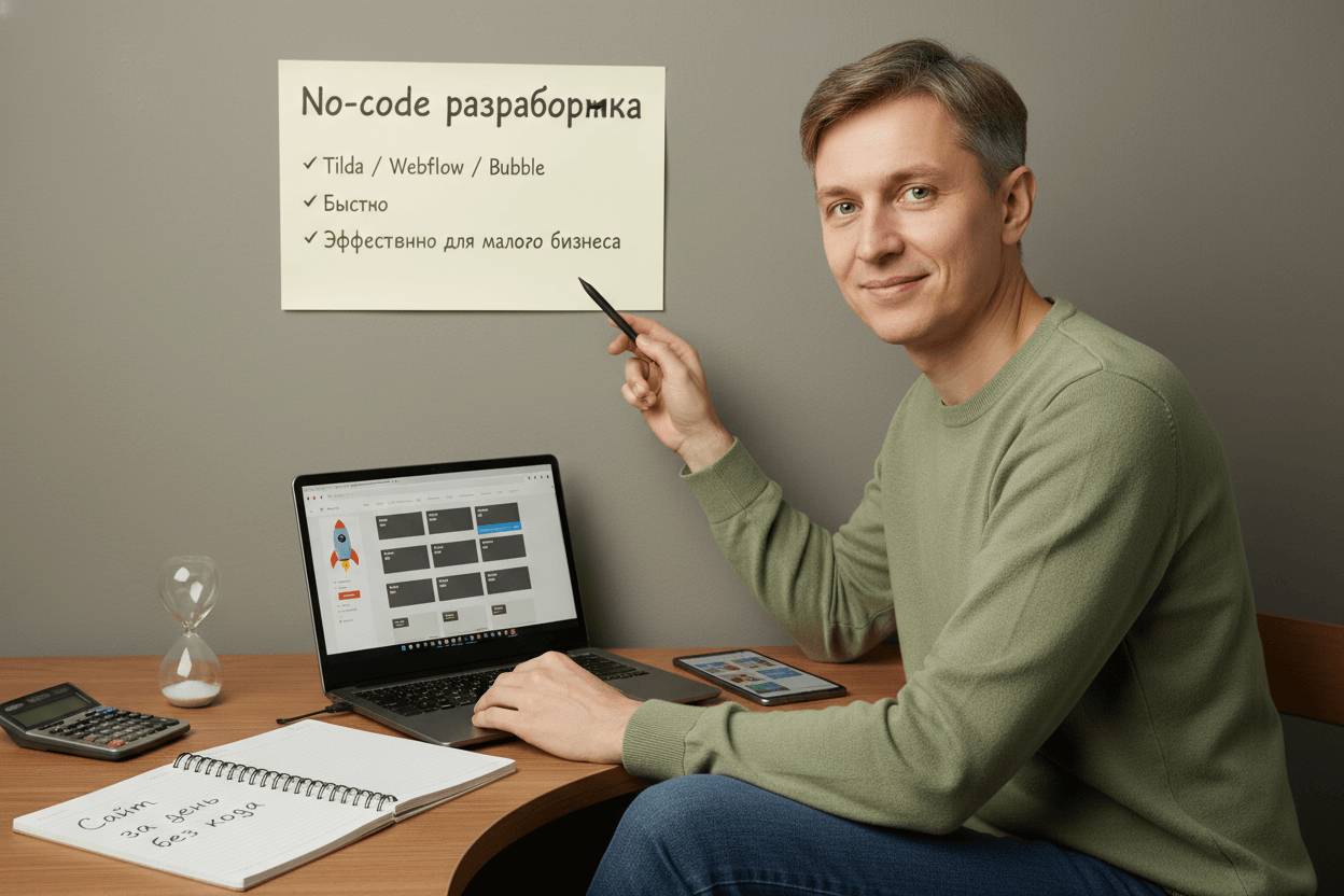 No-code разработка

Создание сайтов и приложений без программирования через Tilda, Webflow, Bubble. Быстро, дёшево и эффективно для малого бизнеса.