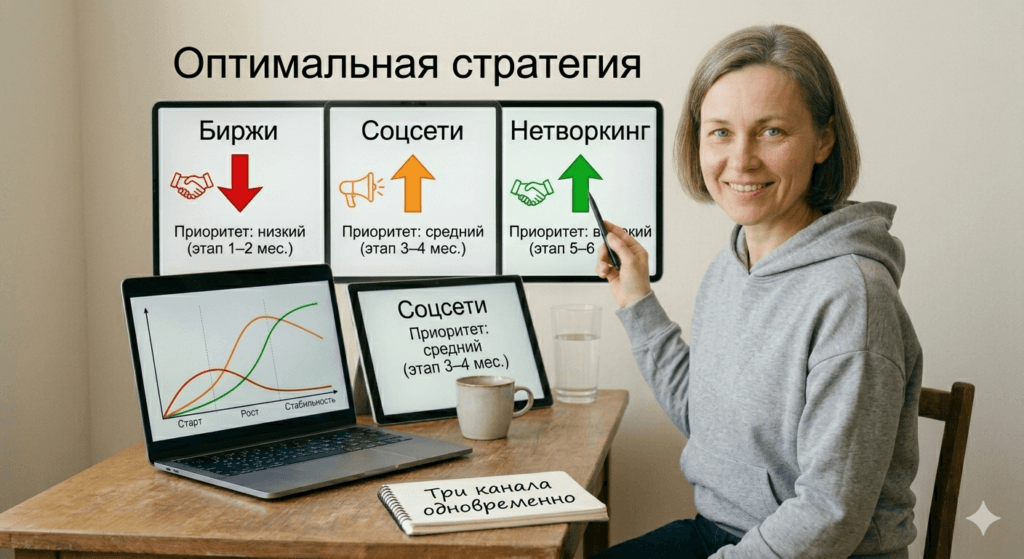 Оптимальная стратегия
Используйте все три канала одновременно, но с разным приоритетом в зависимости от вашего этапа развития.