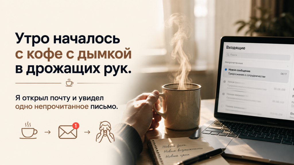 Утро началось с дрожащих рук и первой кружкой кофе с дымкой. Я открыл почту и увидел одно непрочитанное письмо