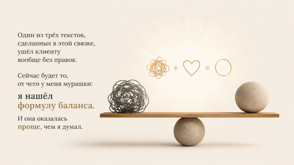 Один из трёх текстов, сделанных в этой связке, ушёл клиенту вообще без правок. Сейчас будет то, от чего у меня мурашки: я нашёл формулу баланса. И она оказалась проще, чем я думал.