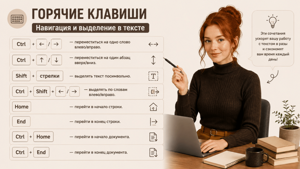 Горячие клавиши
Навигация и выделение в тексте