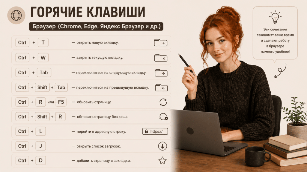 Горячие клавиши
Браузер (Chrome, Edge, Яндекс Браузер и др.)