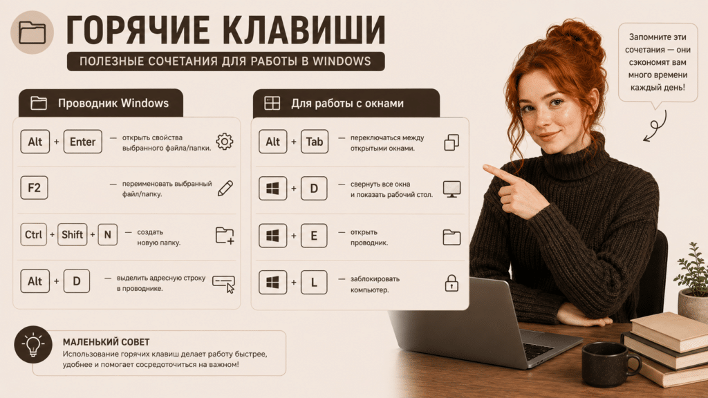 Горячие клавиши
Проводник Windows
Для работы с окнами
