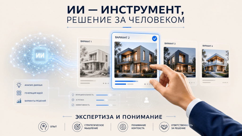 «Итог: ИИ — инструмент, но решение принимает человек»
Я сдал проект вовремя. Клиент подписал договор на год.
Он сказал: «Я плачу не за то, что ты умеешь генерировать. Я плачу за то, что ты понимаешь, что мне нужно».
Я понял главное: ИИ экономит время на черновик. Но без экспертизы он не решает задачу. Он просто генерирует варианты. А выбирать и адаптировать — работа человека.