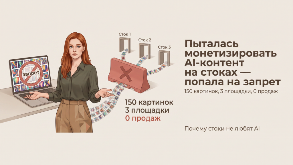 Пытался монетизировать AI‑контент на стоках попал на запрет
150 картинок, 3 площадки, 0 продаж — и почему стоки не любят AI