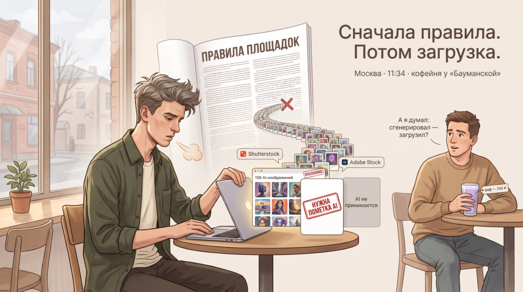 Рассказываю. Без соплей.
Москва, 11:34. Кофейня у метро «Бауманская». Я сижу за столиком у окна, на ноутбуке — галерея из 150 AI-изображений. Вкладки с Shutterstock, Adobe Stock, Freepik.