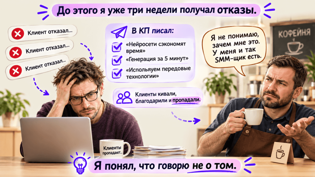 До этого я уже три недели получал отказы. В КП писал: «Нейросети сэкономят время», «Генерация за 5 минут», «Используем передовые технологии». Клиенты кивали, благодарили и пропадали. Один владелец сети кофеен прямо сказал: «Я не понимаю, зачем мне это. У меня и так SMM‑щик есть». Я понял, что говорю не о том.