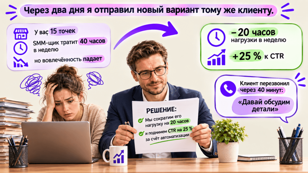 Через два дня я отправил новый вариант тому же клиенту. В нём не было ни одного слова про ИИ. Только цифры, сроки и решение его боли: «У вас 15 точек, SMM‑щик тратит 40 часов в неделю, но вовлечённость падает. Мы сократим его нагрузку на 20 часов и поднимем CTR на 25 % за счёт автоматизации». Клиент перезвонил через 40 минут: «Давай обсудим детали».