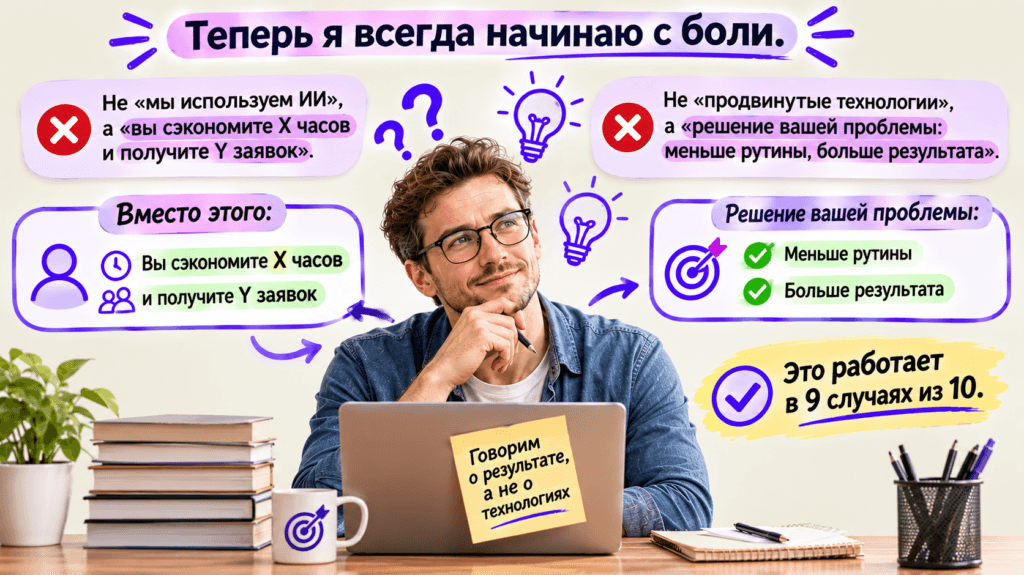 Теперь я всегда начинаю с боли. Не «мы используем ИИ», а «вы сэкономите X часов и получите Y заявок». Не «продвинутые технологии», а «решение вашей проблемы: меньше рутины, больше результата». Это работает в 9 случаях из 10.