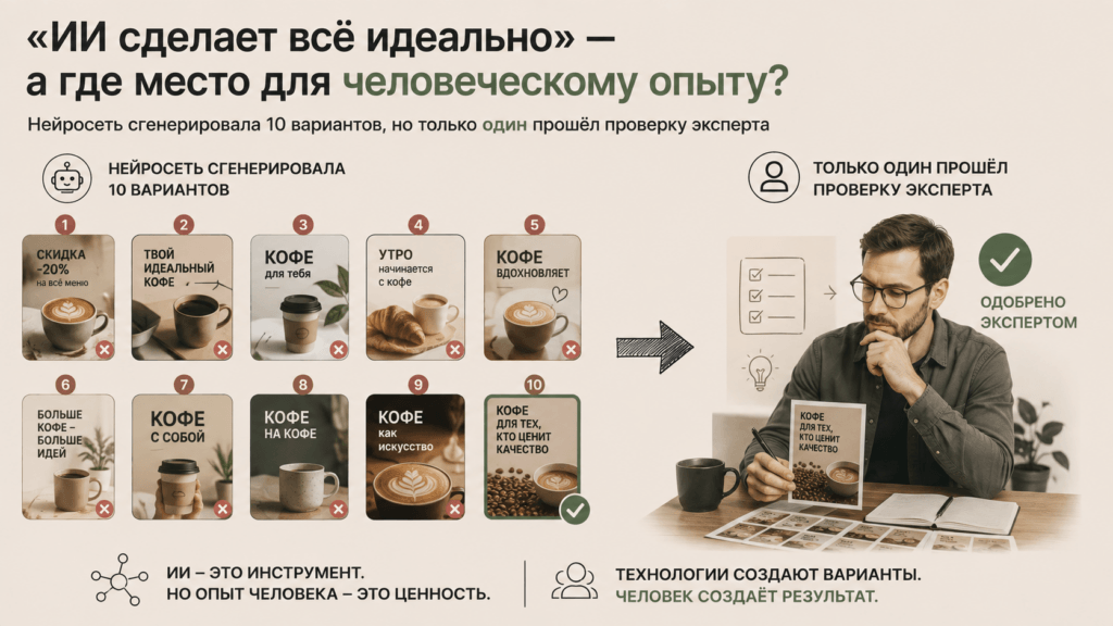 Нейросеть сгенерировала 10 вариантов, но только один прошёл проверку эксперта