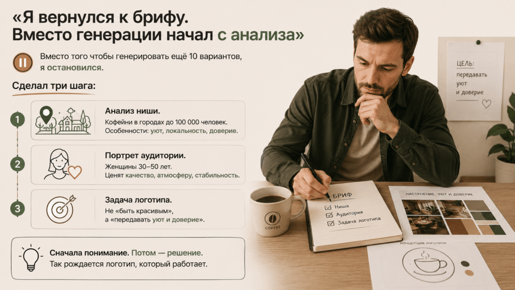 «Я вернулся к брифу. Вместо генерации начал с анализа»