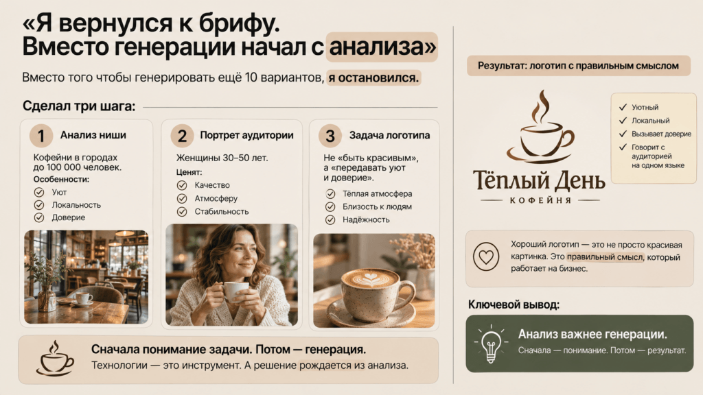 Анализ ниши. Кофейни в городах до 100 000 человек. Особенности: уют, локальность, доверие.
Портрет аудитории. Женщины 30–50 лет. Ценят качество, атмосферу, стабильность.
Задача логотипа. Не «быть красивым», а «передавать уют и доверие».