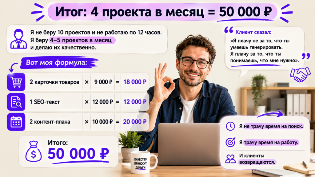 «Итог: 4 проекта в месяц = 50 000 ₽»