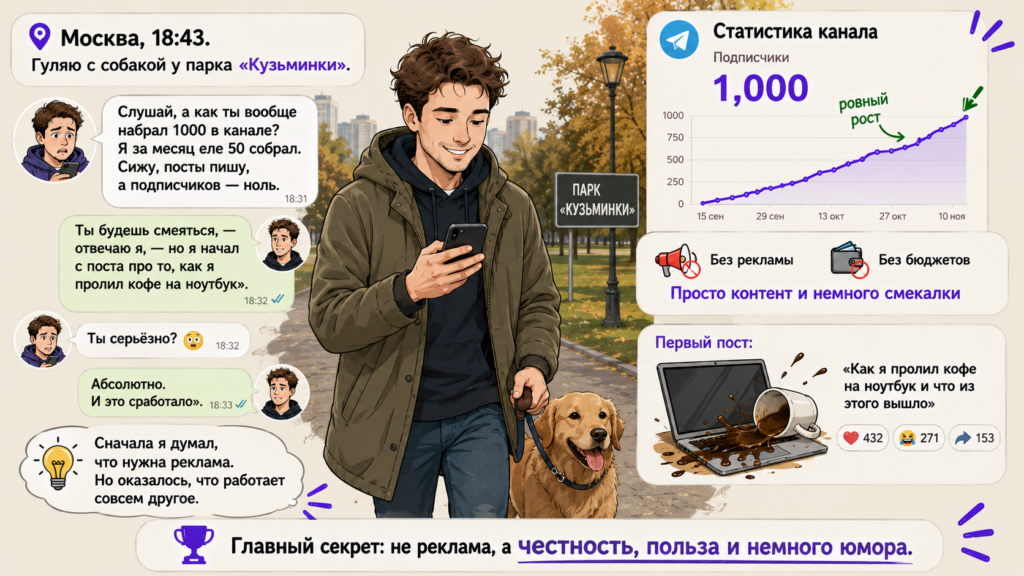 Москва, 18:43. Гуляю с собакой у парка «Кузьминки». Друг пишет в Telegram: «Слушай, а как ты вообще набрал 1000 в канале? Я за месяц еле 50 собрал. Сижу, посты пишу, а подписчиков — ноль».