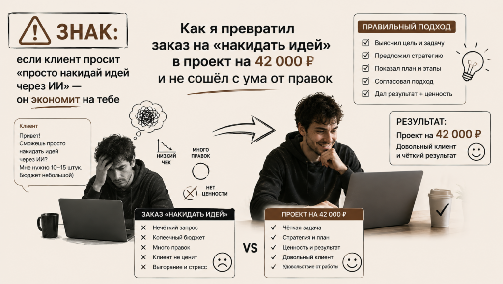 Как я превратил заказ на «накидать идей» в проект на 42 000 ₽ и не сошёл с ума от правок