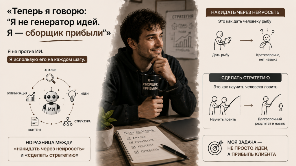 «Теперь я говорю: “Я не генератор идей. Я — сборщик прибыли”»

Я не против ИИ. Я использую его на каждом шагу.