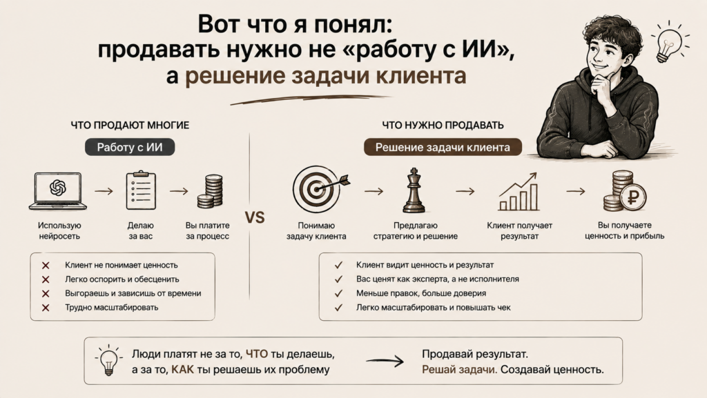  Вот что я понял: продавать нужно не «работу с ИИ», а решение задачи клиента