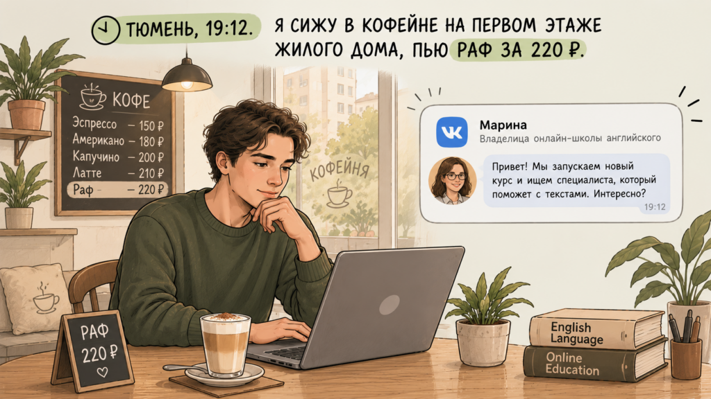 Тюмень, 19:12. Я сижу в кофейне на первом этаже жилого дома, пью раф за 220 ₽. В личке ВК приходит сообщение от Марины — владелицы онлайн-школы английского.