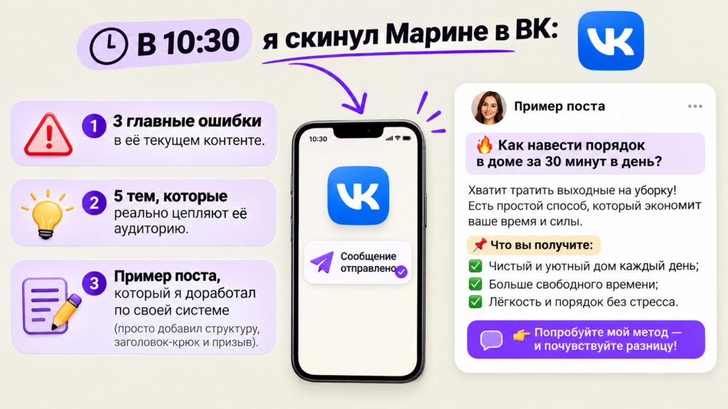 В 10:30 я скинул Марине в ВК:
— 3 главные ошибки в её текущем контенте.
— 5 тем, которые реально цепляют её аудиторию.
— Пример поста, который я доработал по своей системе (просто добавил структуру, заголовок-крюк и призыв).