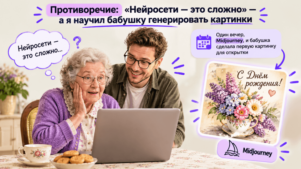 Один вечер, Midjourney, и бабушка сделала первую картинку для открытки