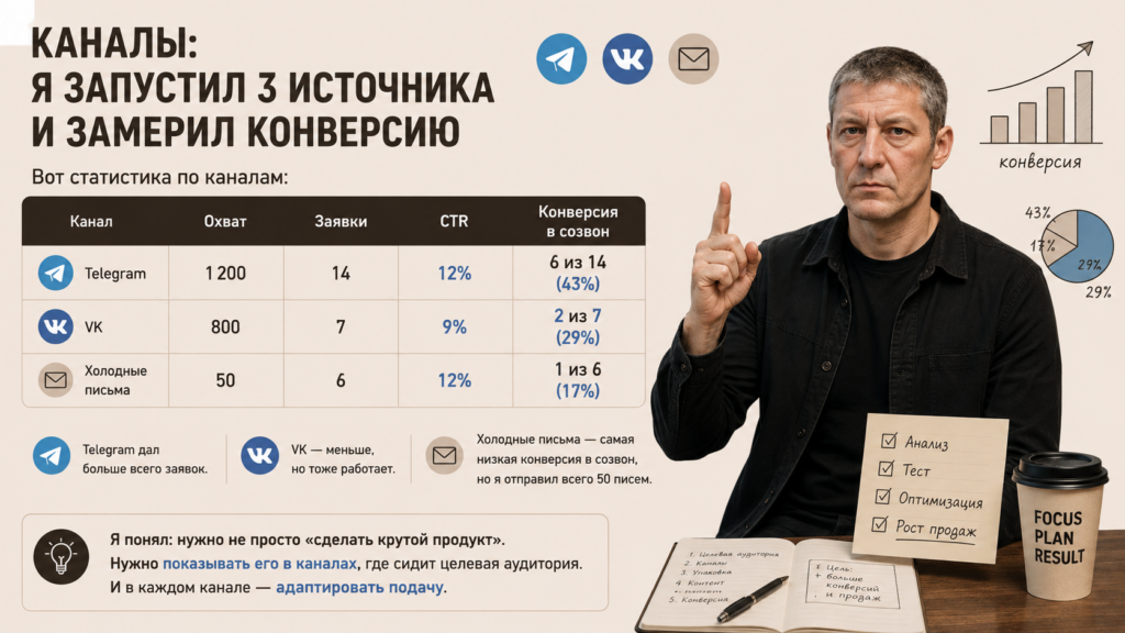 «Каналы я запустил 3 источника и замерил конверсию»