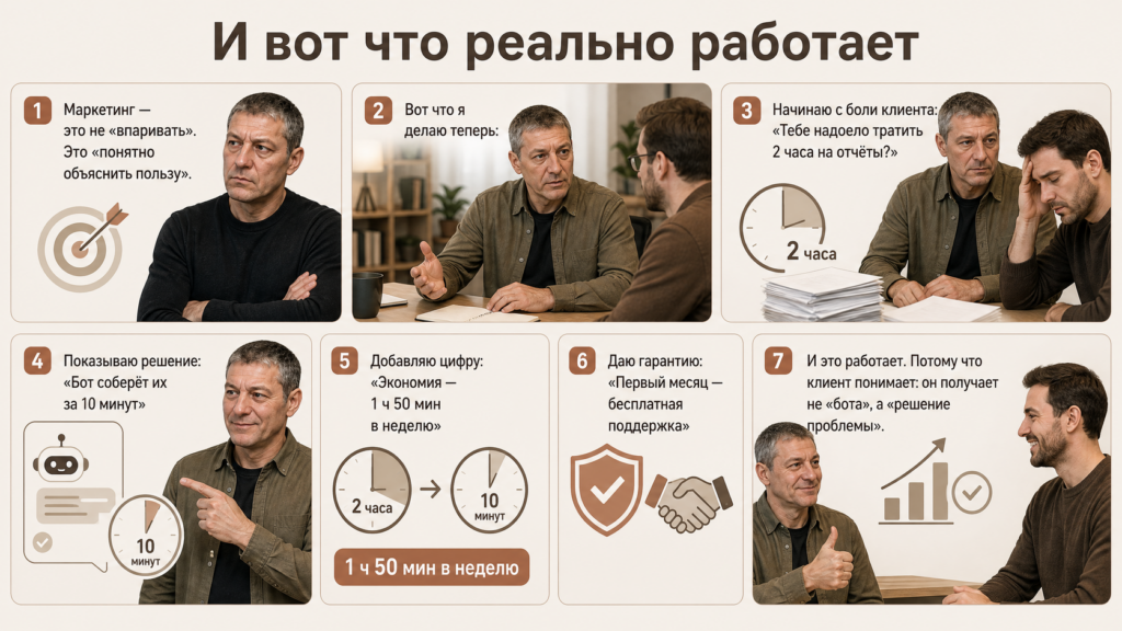 «И вот что реально работает»
Маркетинг — это не «впаривать». Это «понятно объяснить пользу».