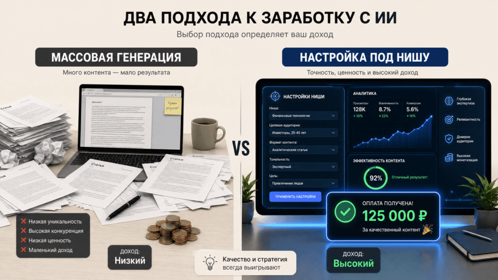 Вот что я понял: самый прибыльный AI‑заработок — не генерация, а настройка под нишу
