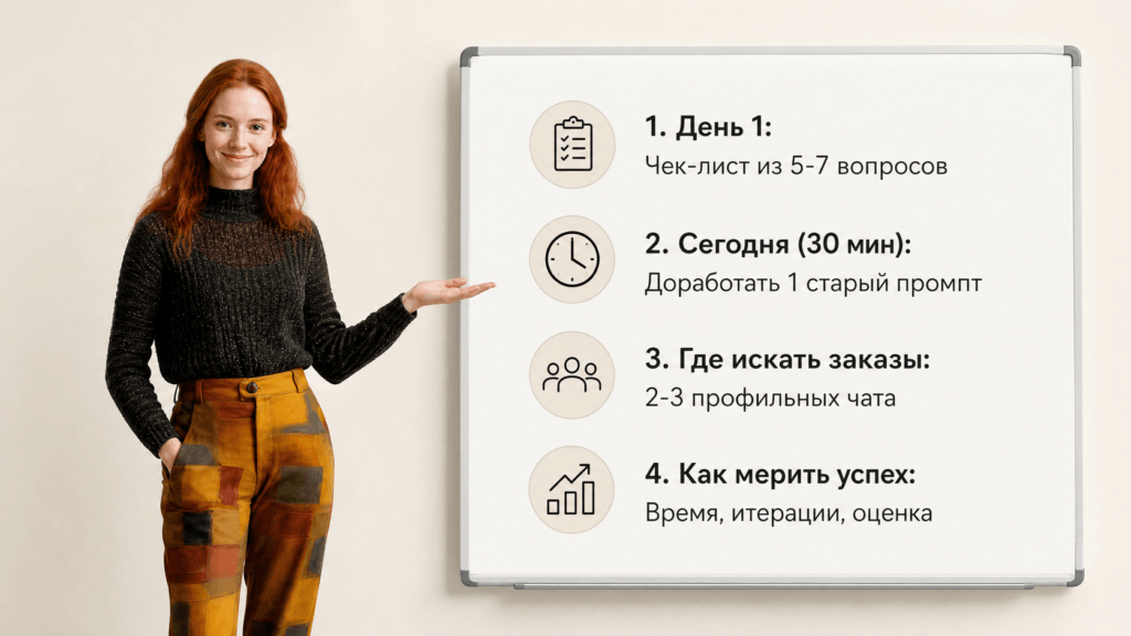 Как превратить эту историю в пошаговый план
Эта история — готовый скелет для твоего плана действий.
День 1: составь чек-лист из 5–7 вопросов для сбора контекста под свою нишу (например, аудитория, цель, тон, ключевые сообщения, ограничения).
Что сделать сегодня за 30 минут: возьми 1 старый промт и дополни его по чек-листу.
Где взять первый заказ: 2–3 чата/сообщества, где клиенты ценят чёткие результаты.
Как измерить результат: количество итераций до/после внедрения чек-листа, время на проект, оценка клиента.
