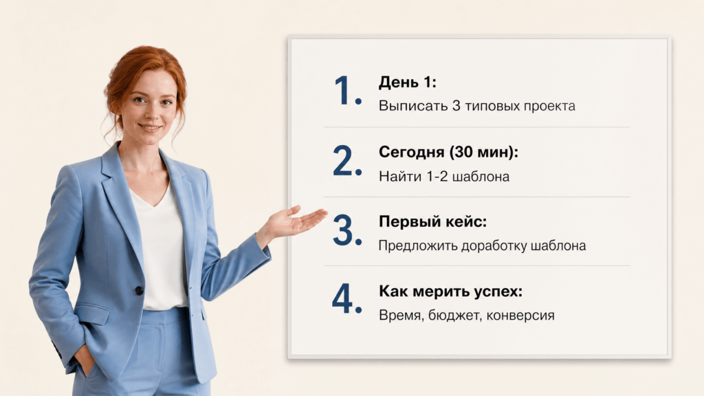 Как превратить эту историю в пошаговый план
Эта история — готовый скелет для твоего плана действий.
День 1: выпиши 3 типовых проекта в своей нише.
Что сделать сегодня за 30 минут: найди 1–2 готовых решения (шаблона) для одного проекта.
Где взять первый кейс: выбери 1 проект клиента и предложи доработать шаблон вместо создания с нуля.
Как измерить результат: время запуска до/после, бюджет проекта, конверсия/метрика результата.