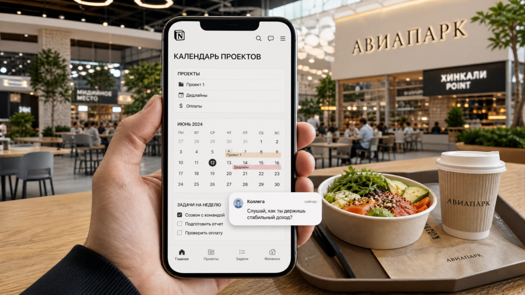 Москва, 13:17. Я стою в очереди на фуд-корте в ТЦ «Авиапарк». В телефоне — календарь: 4 проекта на этот месяц. Дедлайны, оплаты, задачи.