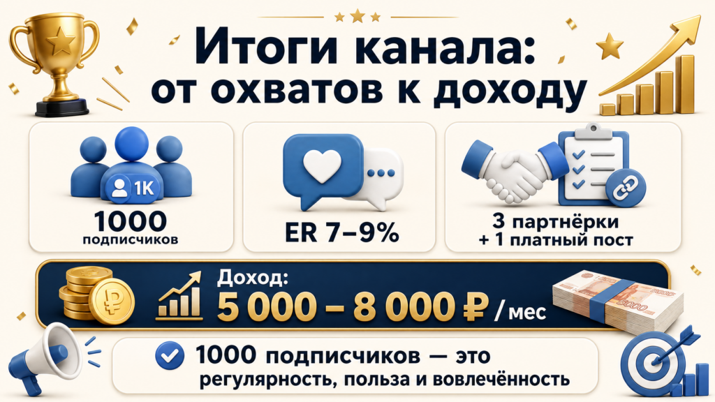 «И вот итог: 1000 человек, ER 7–9%, 3 партнёрки, 1 платный пост»