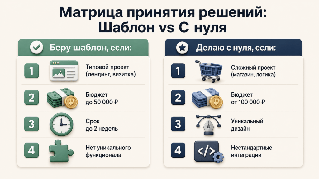 Матрица принятия решений:
Шаблон vs С нуля